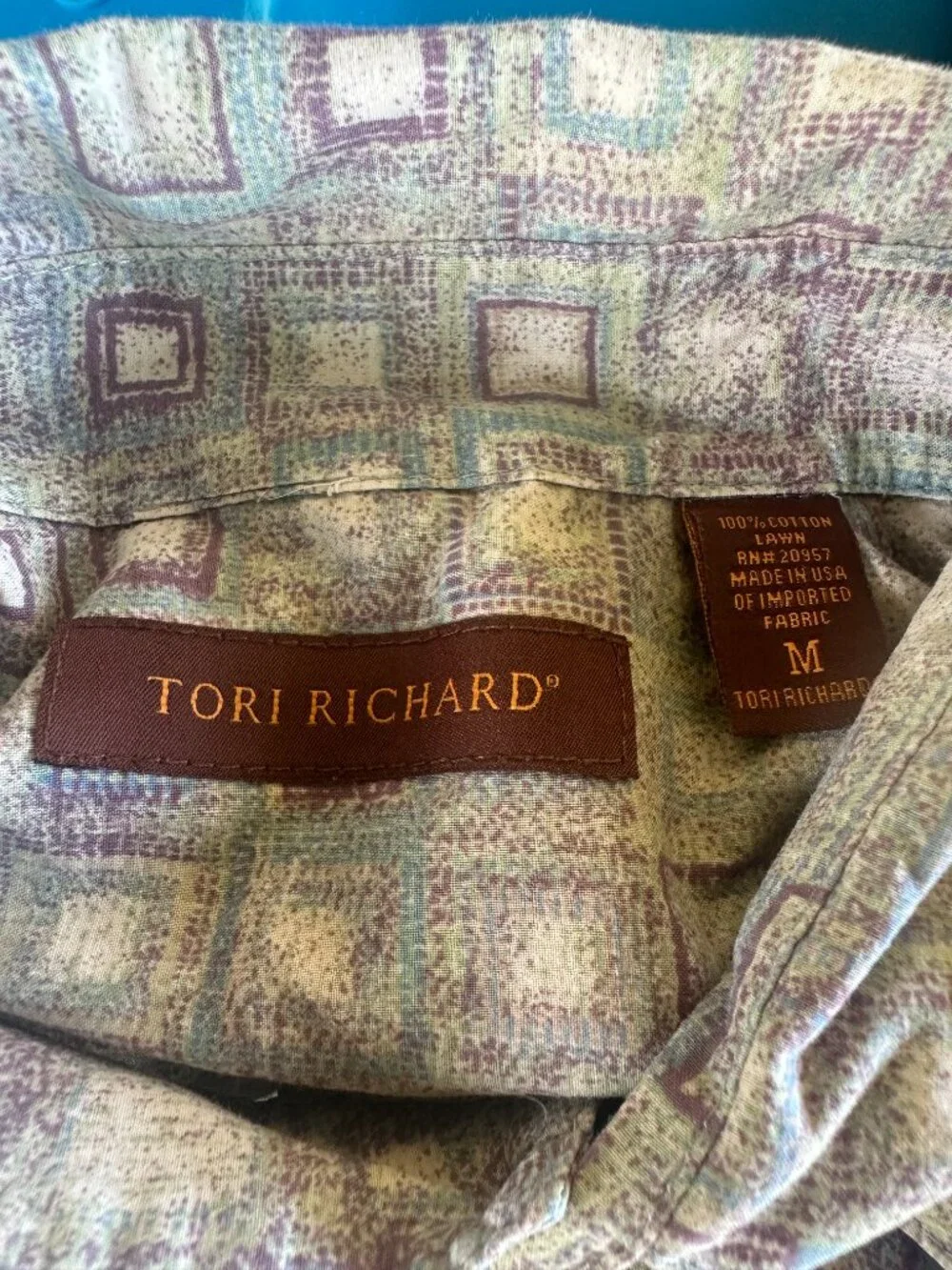Tori Richard Men's Square Geometric Pattern Blue Purple Green Hawaiian Shirt Med